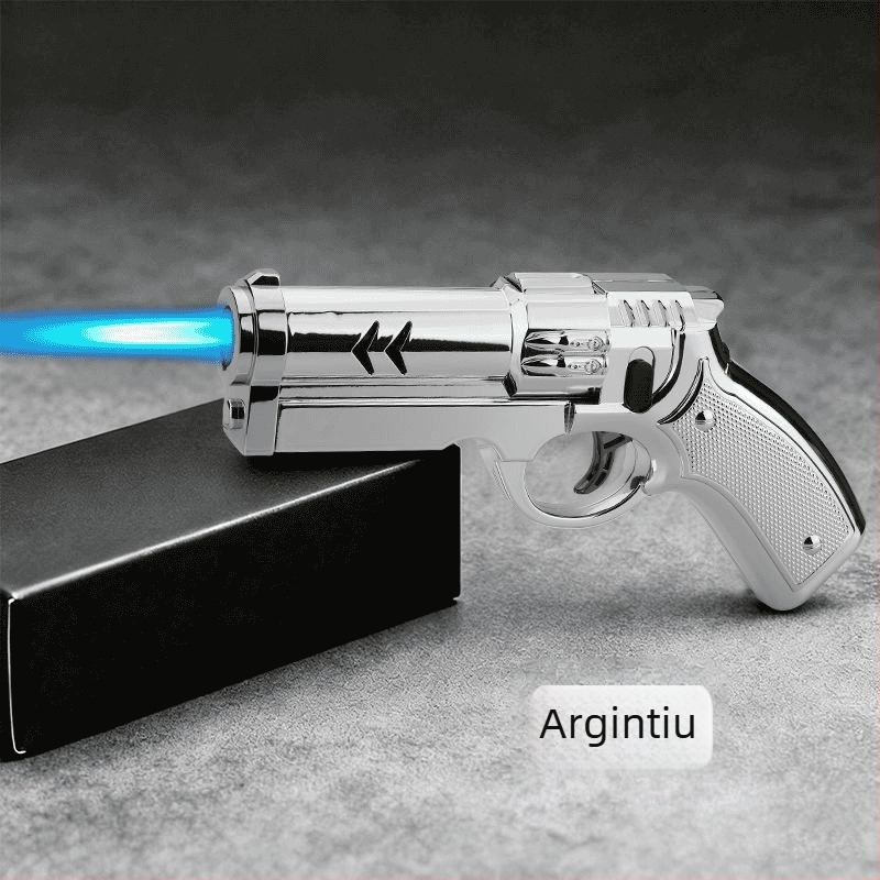 Aprindător în formă de pistol, rezistent la vânt, corp metalic gonflabil, pentru grătar în aer liber, design mecanic la modă, flacără reglabilă