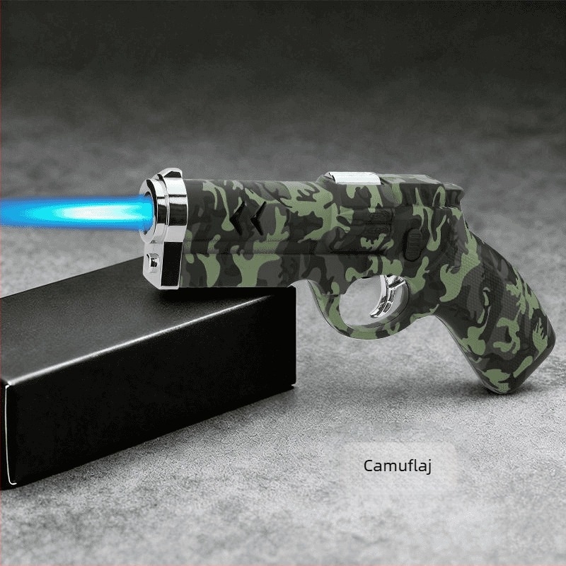 Aprindător în formă de pistol, rezistent la vânt, corp metalic gonflabil, pentru grătar în aer liber, design mecanic la modă, flacără reglabilă