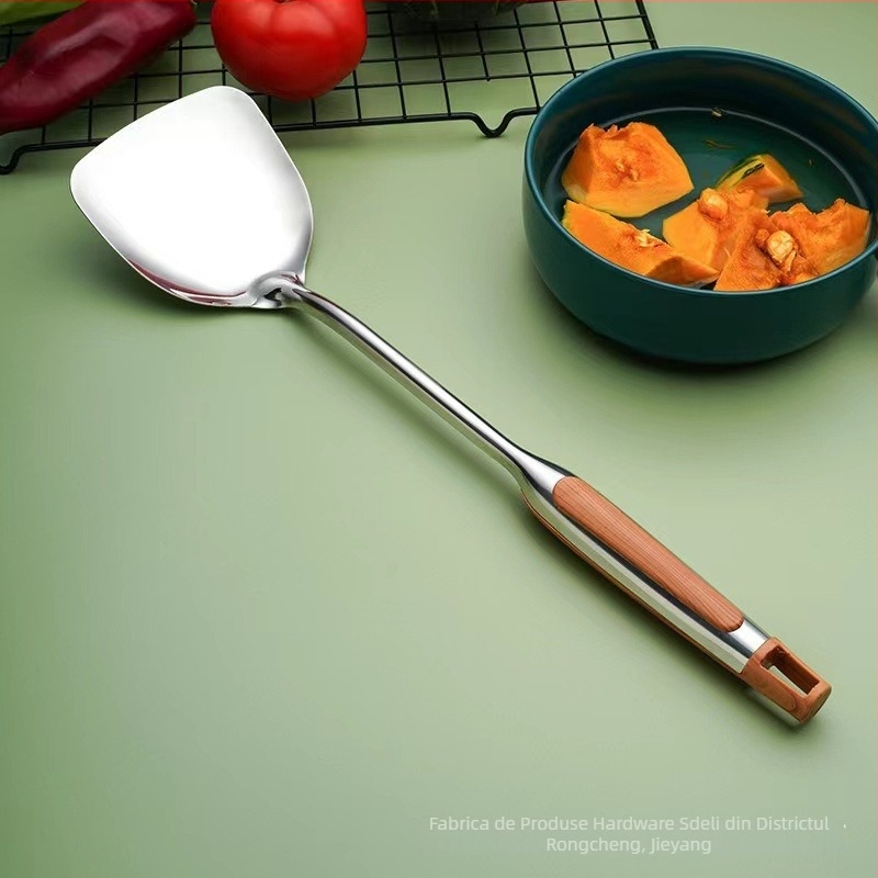 Spatule din oțel inoxidabil cu mâner lung, aspect lemn, anti-arzire, set de două bucăți