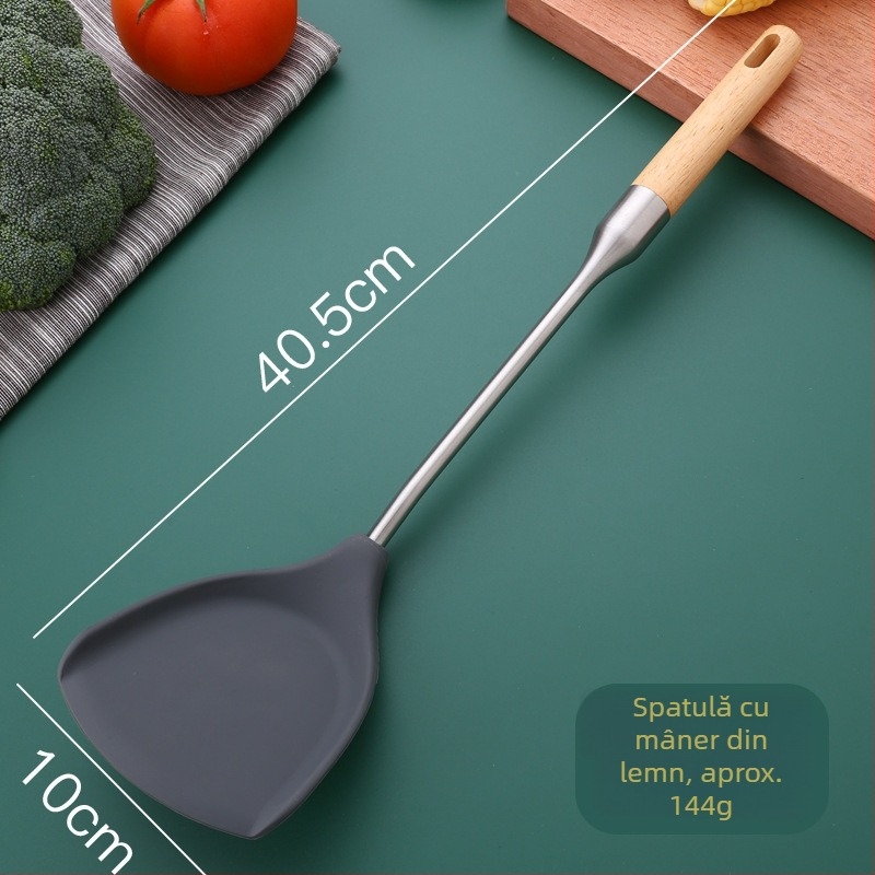 Set spatulă din silicon și lingură din oțel inoxidabil, cu mâner din lemn, pentru bucătărie