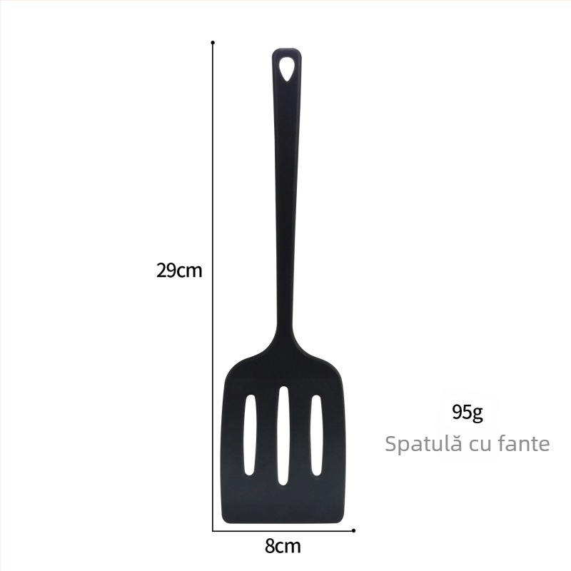 Set de ustensile de bucătărie cu acoperire din silicon pe fontă – spatulă, lingură pentru prăjit și lingură de supă; neaderent, anti-derapare, rezistent la temperaturi înalte.