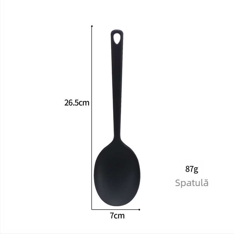 Set de ustensile de bucătărie cu acoperire din silicon pe fontă – spatulă, lingură pentru prăjit și lingură de supă; neaderent, anti-derapare, rezistent la temperaturi înalte.