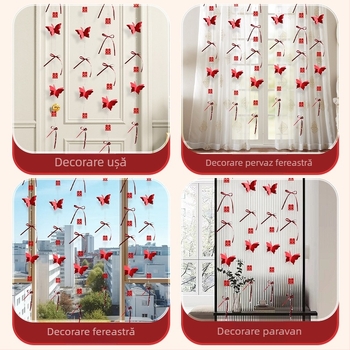 Decor de cameră pentru nuntă: ghirlande și ornamente suspendate pentru dormitorul cuplului la logodnă, perdea de ușă cu perle, perdele fluide, panglici și decoruri cu simbolul Fericire Dublă.