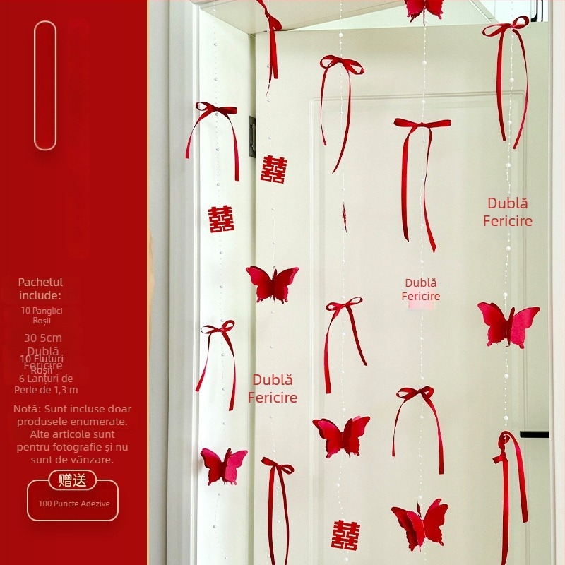 Decor de cameră pentru nuntă: ghirlande și ornamente suspendate pentru dormitorul cuplului la logodnă, perdea de ușă cu perle, perdele fluide, panglici și decoruri cu simbolul Fericire Dublă.