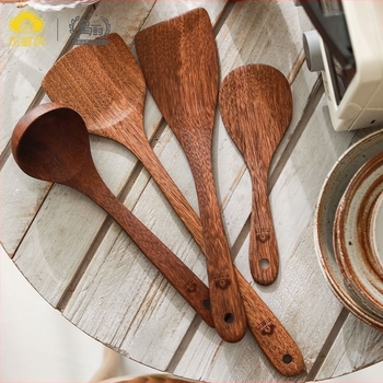 Set din lemn: spatulă de bucătărie și lingură pentru supă și orez, spatulă pentru prăjit, ustensile de bucătărie din lemn solid, lemn de înaltă calitate, sigur pentru alimente