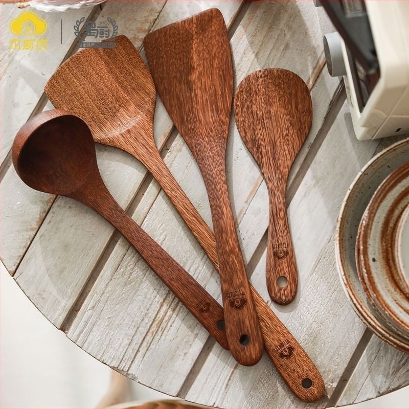 Set din lemn: spatulă de bucătărie și lingură pentru supă și orez, spatulă pentru prăjit, ustensile de bucătărie din lemn solid, lemn de înaltă calitate, sigur pentru alimente