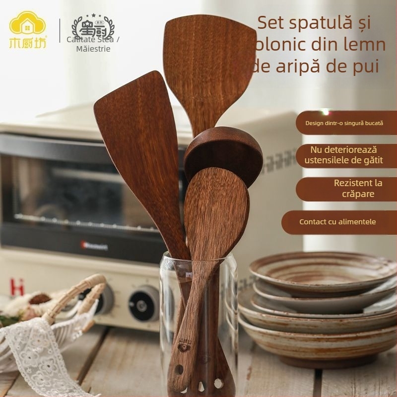 Set din lemn: spatulă de bucătărie și lingură pentru supă și orez, spatulă pentru prăjit, ustensile de bucătărie din lemn solid, lemn de înaltă calitate, sigur pentru alimente