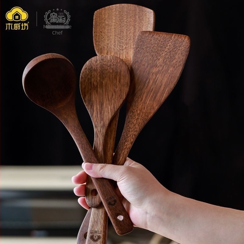 Set din lemn: spatulă de bucătărie și lingură pentru supă și orez, spatulă pentru prăjit, ustensile de bucătărie din lemn solid, lemn de înaltă calitate, sigur pentru alimente