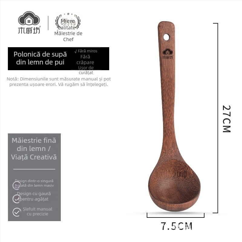 Set din lemn: spatulă de bucătărie și lingură pentru supă și orez, spatulă pentru prăjit, ustensile de bucătărie din lemn solid, lemn de înaltă calitate, sigur pentru alimente