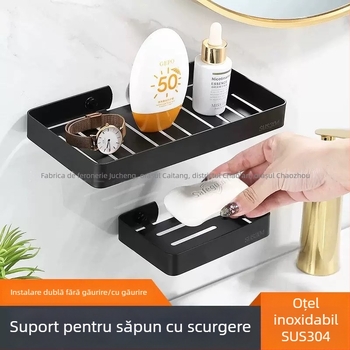 Suport pentru săpun din oțel inoxidabil, montat pe perete, cu drenaj, montaj fără găuri