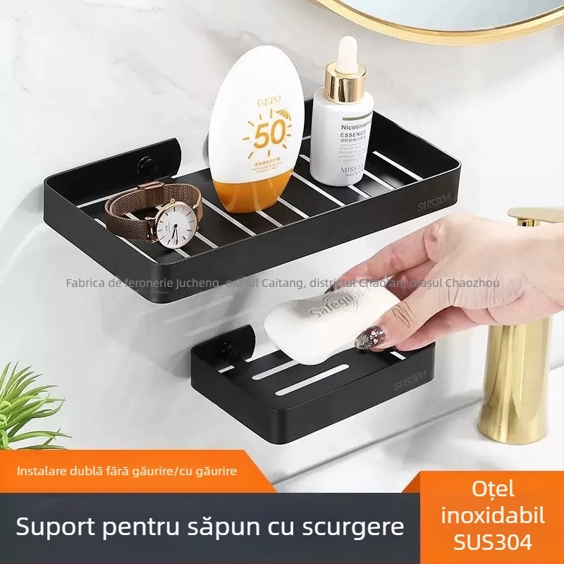 Suport pentru săpun din oțel inoxidabil, montat pe perete, cu drenaj, montaj fără găuri