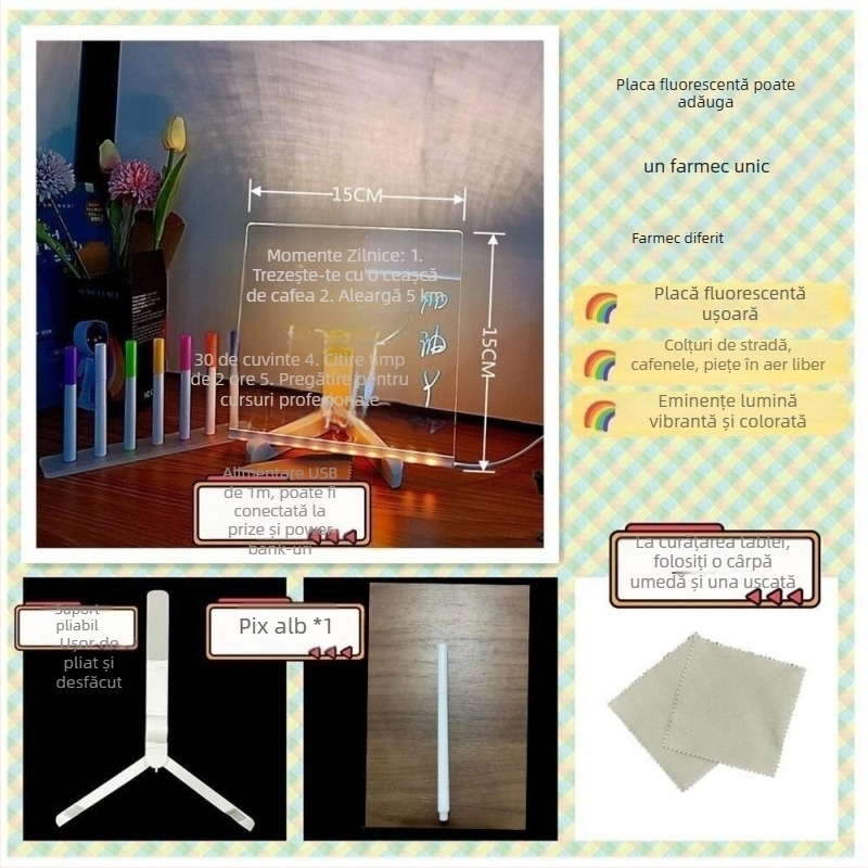 AI❤️LU Tablă de scris luminoasă, ștersibilă — panou LED pentru birou, dublă față, din acril, schițe, 300×200 mm (disponibilă și în 200×200 mm, 150×150 mm)
