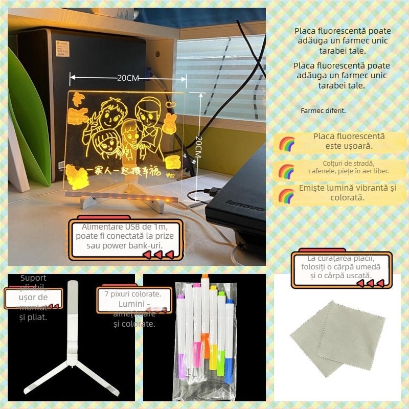 AI❤️LU Tablă de scris luminoasă, ștersibilă — panou LED pentru birou, dublă față, din acril, schițe, 300×200 mm (disponibilă și în 200×200 mm, 150×150 mm)