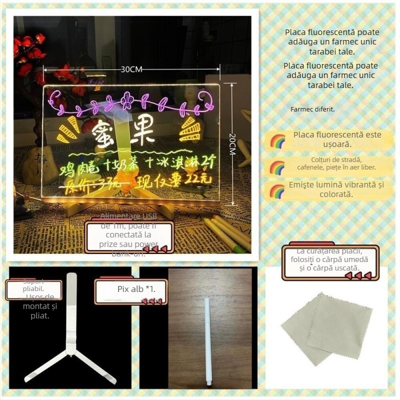 AI❤️LU Tablă de scris luminoasă, ștersibilă — panou LED pentru birou, dublă față, din acril, schițe, 300×200 mm (disponibilă și în 200×200 mm, 150×150 mm)