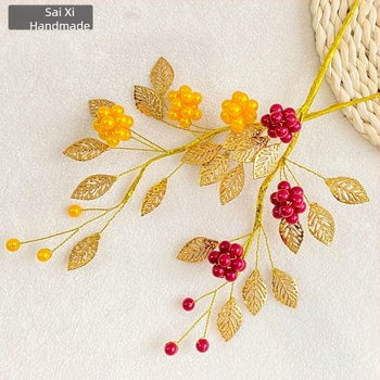 Buchet de fructe roșii din rășină, cu frunze din aliaj, fructe de noroc artificiale, decor de intrare în stil chinezesc, K103