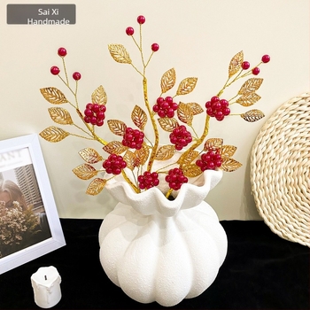 Buchet de fructe roșii din rășină, cu frunze din aliaj, fructe de noroc artificiale, decor de intrare în stil chinezesc, K103