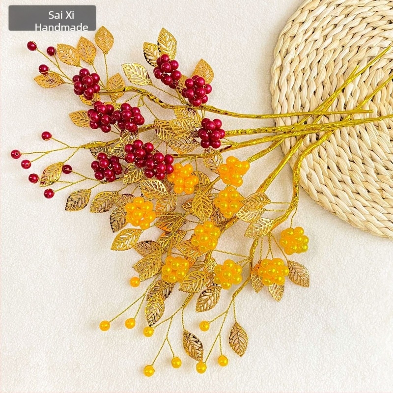 Buchet de fructe roșii din rășină, cu frunze din aliaj, fructe de noroc artificiale, decor de intrare în stil chinezesc, K103