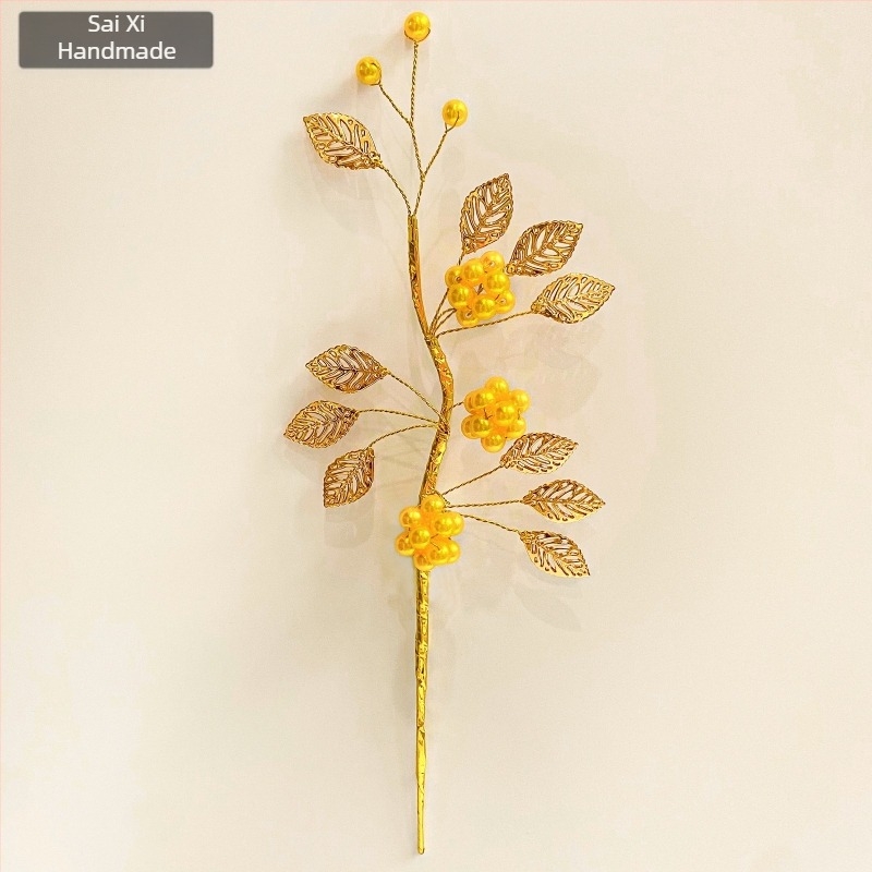 Buchet de fructe roșii din rășină, cu frunze din aliaj, fructe de noroc artificiale, decor de intrare în stil chinezesc, K103