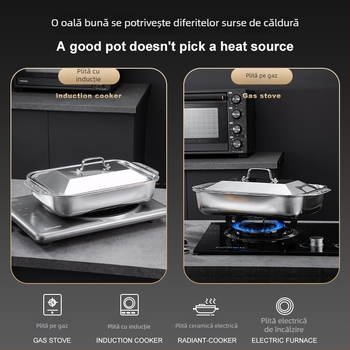 Vas dreptunghiular din oțel inoxidabil gros, pentru grătar pește, cu două mâneri, compatibil cu plitele cu inducție, material de calitate alimentară; multifuncțional, portabil, ușor de curățat, suprafață antiaderent.