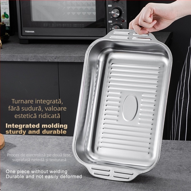 Vas dreptunghiular din oțel inoxidabil gros, pentru grătar pește, cu două mâneri, compatibil cu plitele cu inducție, material de calitate alimentară; multifuncțional, portabil, ușor de curățat, suprafață antiaderent.
