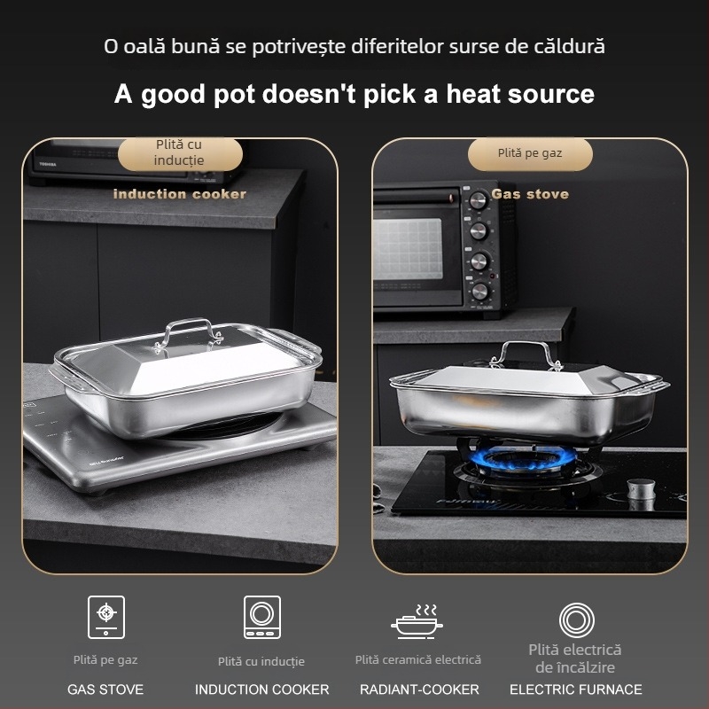Vas dreptunghiular din oțel inoxidabil gros, pentru grătar pește, cu două mâneri, compatibil cu plitele cu inducție, material de calitate alimentară; multifuncțional, portabil, ușor de curățat, suprafață antiaderent.