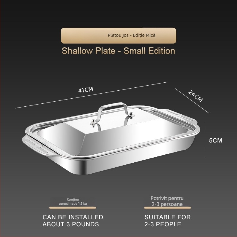 Vas dreptunghiular din oțel inoxidabil gros, pentru grătar pește, cu două mâneri, compatibil cu plitele cu inducție, material de calitate alimentară; multifuncțional, portabil, ușor de curățat, suprafață antiaderent.