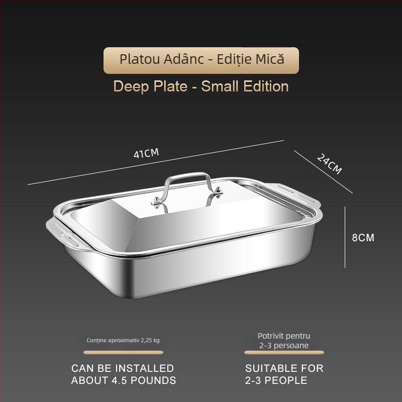 Vas dreptunghiular din oțel inoxidabil gros, pentru grătar pește, cu două mâneri, compatibil cu plitele cu inducție, material de calitate alimentară; multifuncțional, portabil, ușor de curățat, suprafață antiaderent.