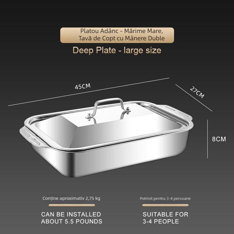 Vas dreptunghiular din oțel inoxidabil gros, pentru grătar pește, cu două mâneri, compatibil cu plitele cu inducție, material de calitate alimentară; multifuncțional, portabil, ușor de curățat, suprafață antiaderent.