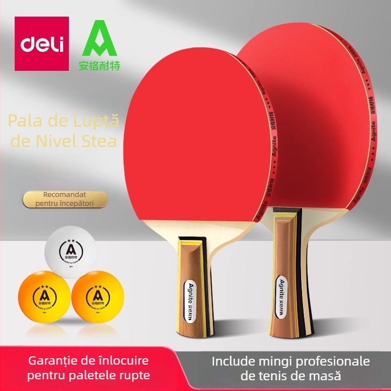 Set de tenis de masă Deli – două rachete pentru elevi de școala primară, antrenament pentru începători, nivel profesional, rachete din lemn masiv cu trei stele