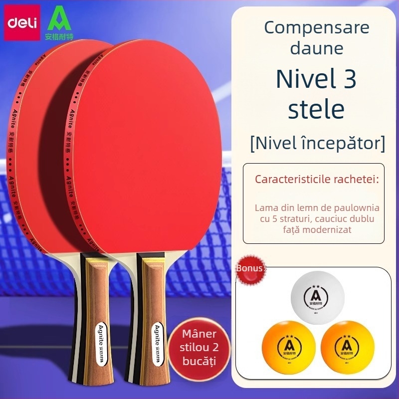 Set de tenis de masă Deli – două rachete pentru elevi de școala primară, antrenament pentru începători, nivel profesional, rachete din lemn masiv cu trei stele