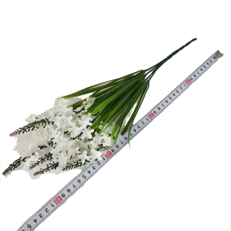 Buchet din flori artificiale lavandă și hiacint pentru decor de nuntă, plante verzi decorative, înălțime aproximativ 45 cm, 7 flori și 6 elemente verzi