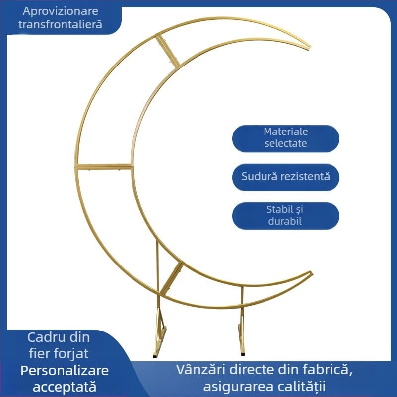 Arc de fundal pentru nuntă din fier, cu lună ornamentală și braț înclinat pentru decor de scenă
