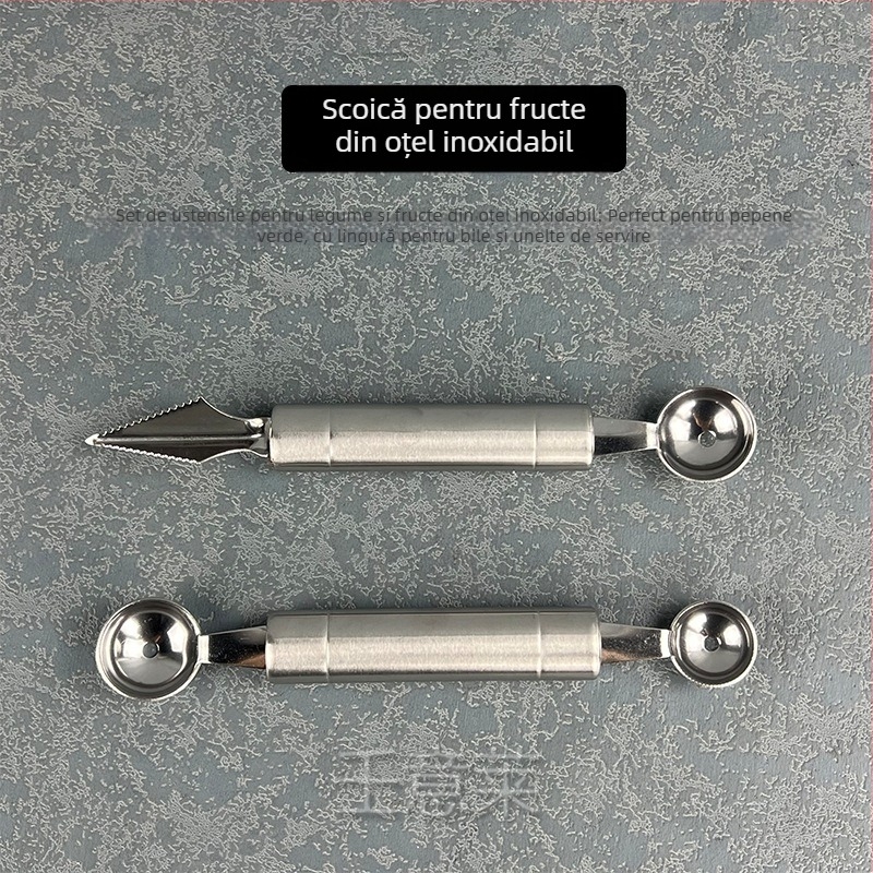 Set din oțel inoxidabil pentru fructe: instrument de sculptare a fructelor, tăietor pentru pepene, formator pentru bile de fructe și linguriță rotundă pentru căpșuni