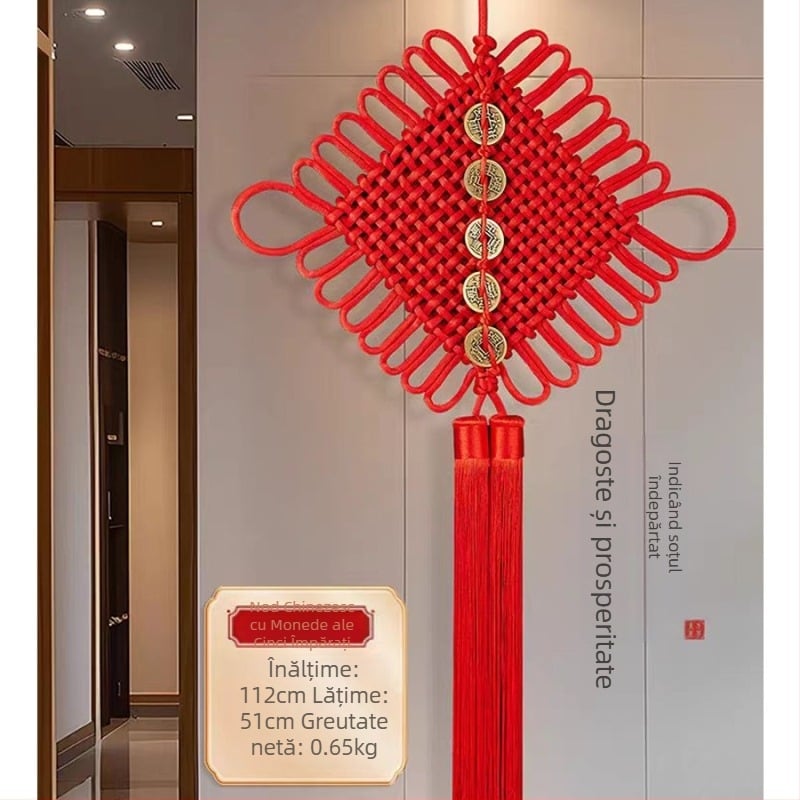 Nod chinezesc cu monede din cupru ale celor Cinci Împărați și simbolul norocului, decor pentru casa nouă