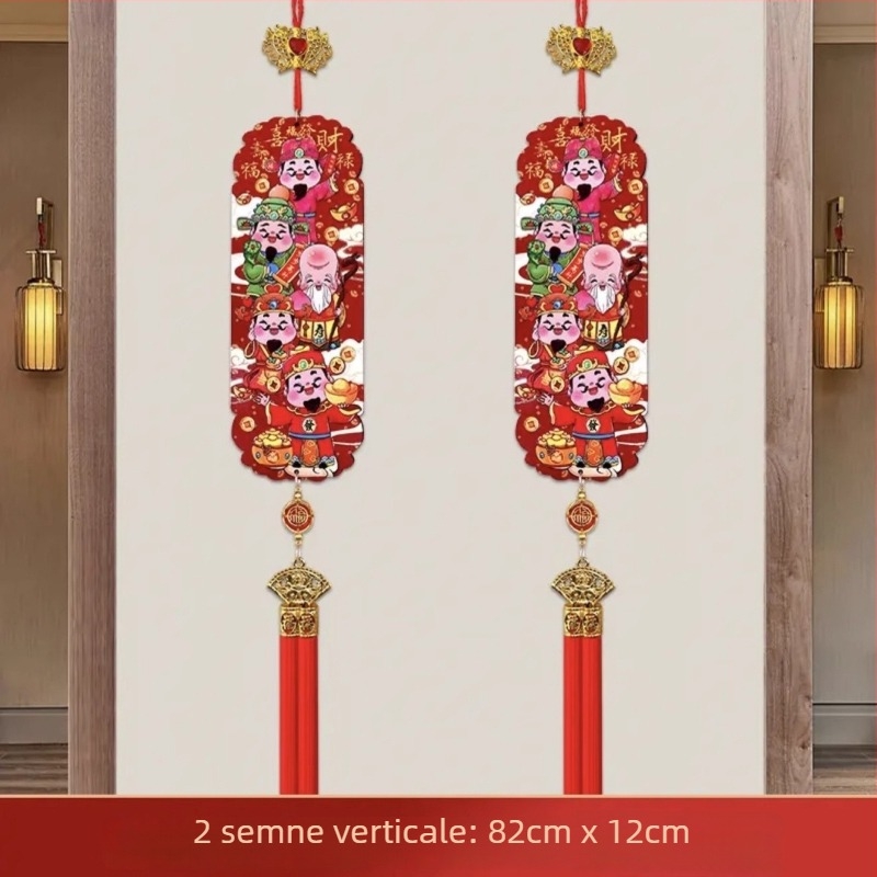 Pandantiv cu Cinci Zei ai Bogăției, în stil chinezesc, relief din lemn de piersic și ciucuri, decor cu nod chinezesc pentru living și hol