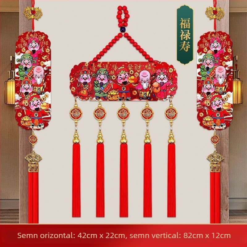 Pandantiv cu Cinci Zei ai Bogăției, în stil chinezesc, relief din lemn de piersic și ciucuri, decor cu nod chinezesc pentru living și hol
