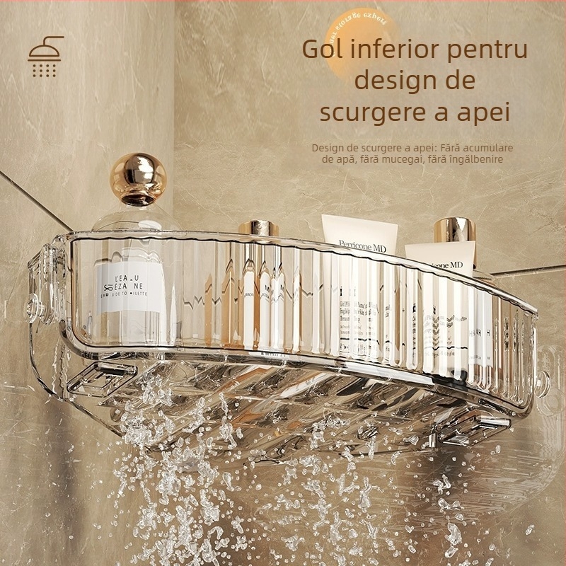 Raft transparent pentru baie, triunghiular, depozitare pentru cosmetică, montat în colț pe perete