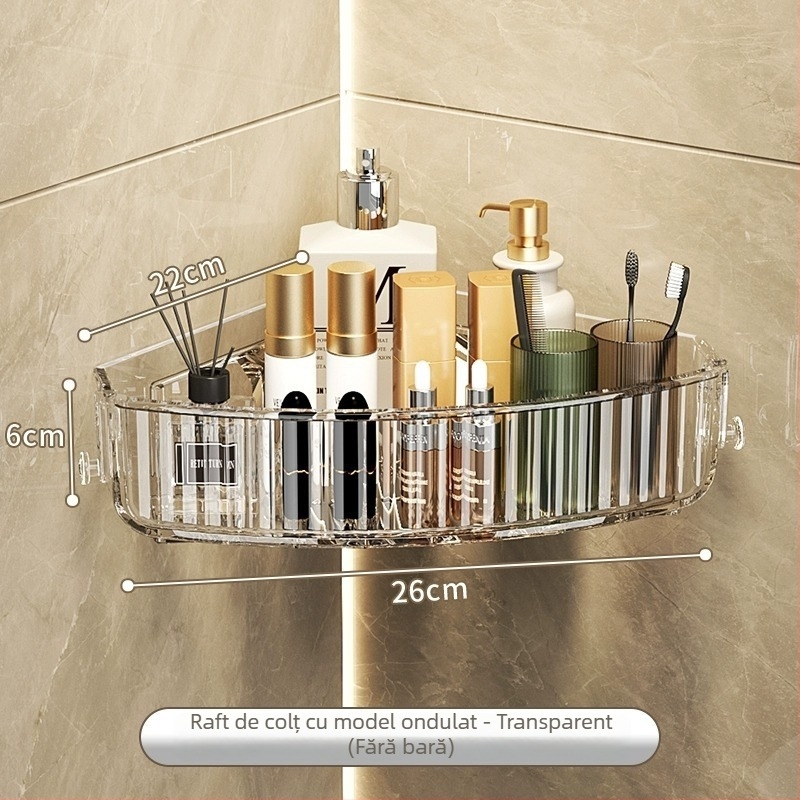 Raft transparent pentru baie, triunghiular, depozitare pentru cosmetică, montat în colț pe perete