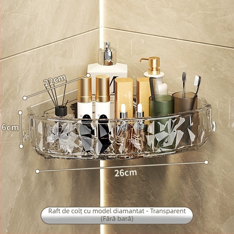 Raft transparent pentru baie, triunghiular, depozitare pentru cosmetică, montat în colț pe perete