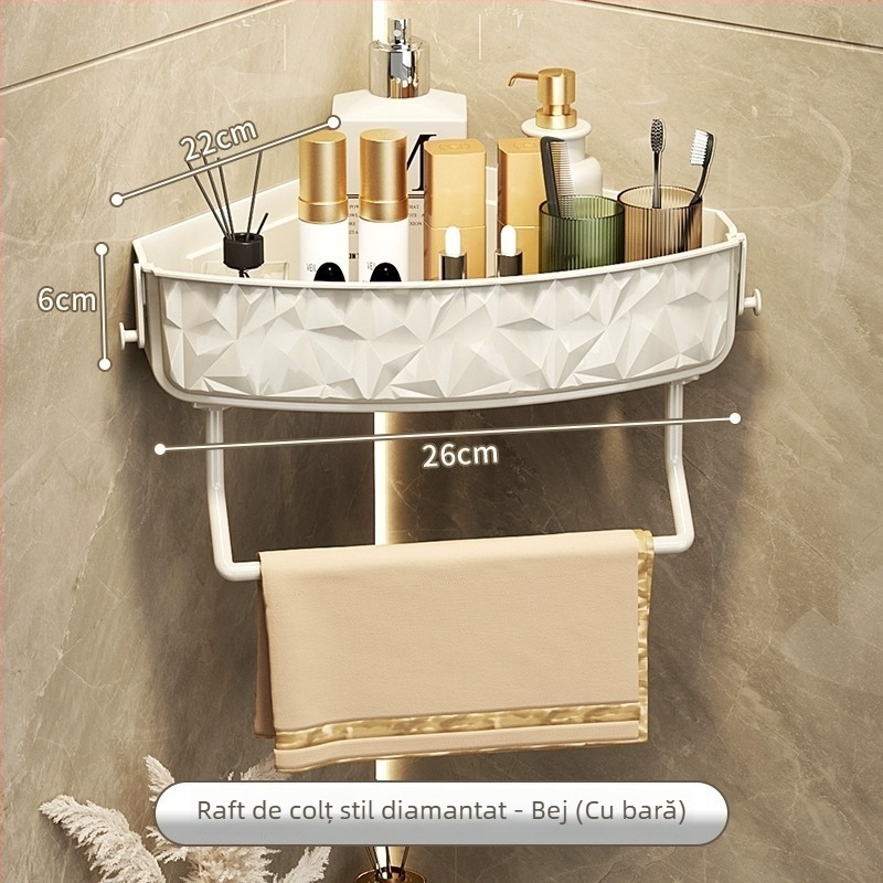 Raft transparent pentru baie, triunghiular, depozitare pentru cosmetică, montat în colț pe perete