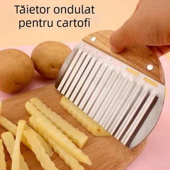 Cuțit cu mâner din lemn, lamă ondulată pentru cartofi, tăietor pentru cartofi prăjiți și racletă pentru tăițeii de orez