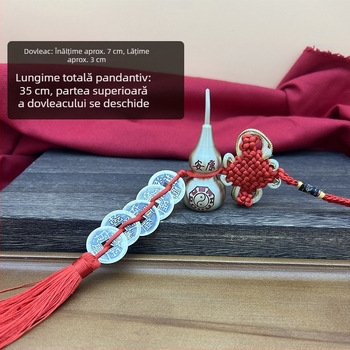 Pandantiv chinezesc nod din nylon, lucrat manual, cu litere gravate, formă de dovleac și motiv cu cinci monede împărați
