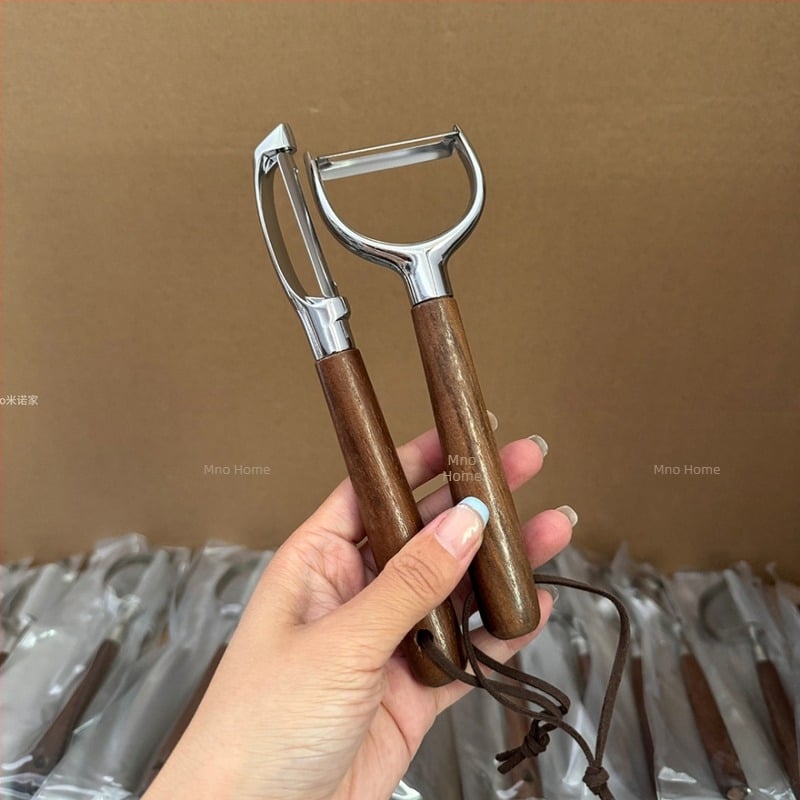 Mino's Family Peeler multifuncțional din oțel inoxidabil, cu mâner din lemn de nuc, pentru uz casnic