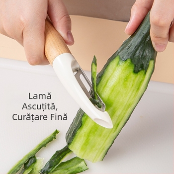 Curățător din oțel inoxidabil cu mâner din lemn, multifuncțional pentru legume și fructe, cuțit de curățat și feliator pentru pepene