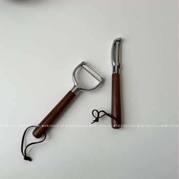 Lingură și peeler din seria lemnului de nuc ondulat, oțel inoxidabil, pentru fructe și legume, peeler de cartofi