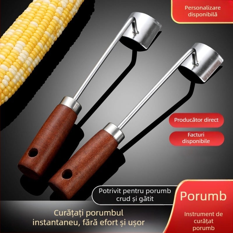 Curățător de porumb din oțel inoxidabil, mâner din lemn – unealtă de bucătărie multifuncțională