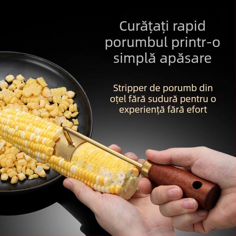 Curățător de porumb din oțel inoxidabil, mâner din lemn – unealtă de bucătărie multifuncțională