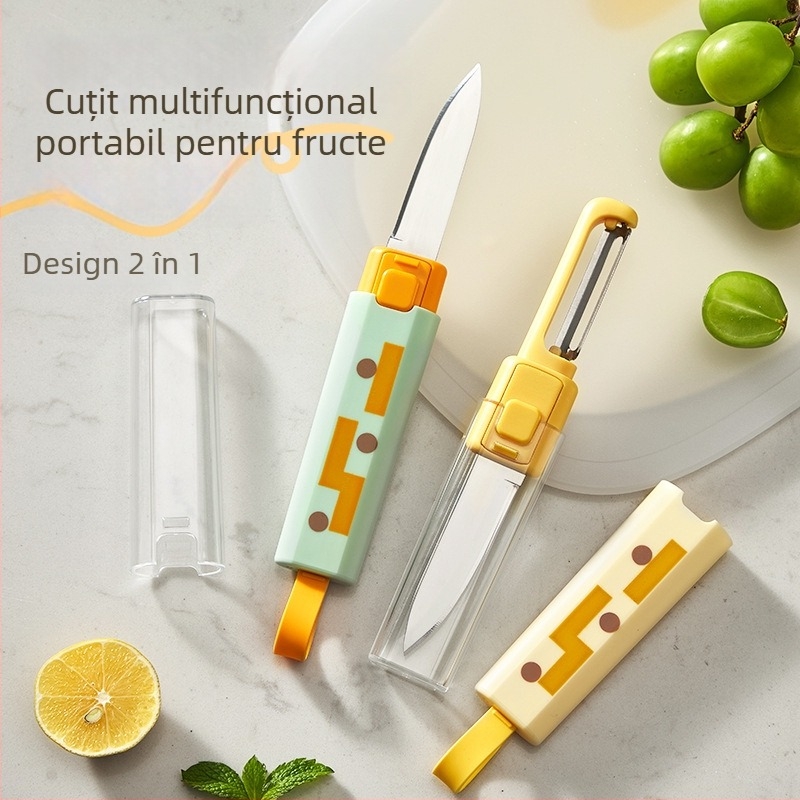 Cuțit de fructe și curățător de fructe 2 în 1 cu blocare de siguranță, pliabil, pentru birou și acasă, multifuncțional pentru tăierea fructelor