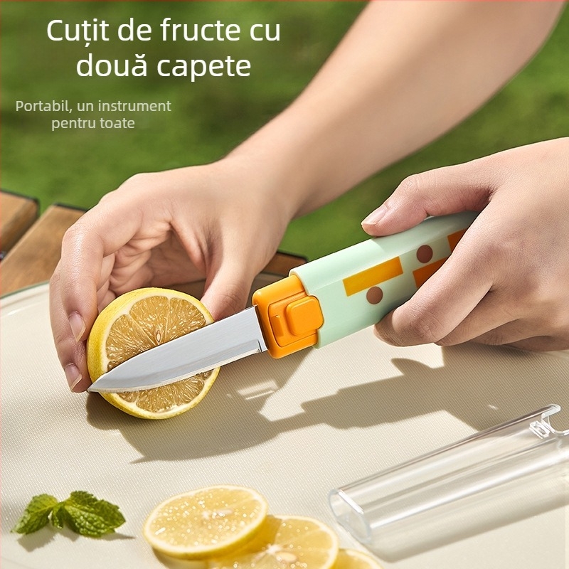 Cuțit de fructe și curățător de fructe 2 în 1 cu blocare de siguranță, pliabil, pentru birou și acasă, multifuncțional pentru tăierea fructelor