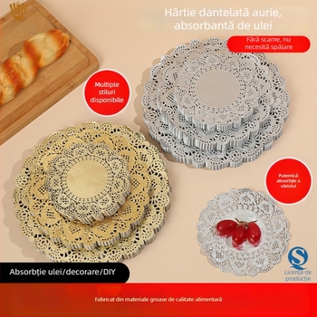 Hârtie de copt circulară, margine dantelată în nuanțe aurii și argintii, absorbantă la grăsimi, acoperire cu silicon, pentru prăjituri, pâine și baze de tort